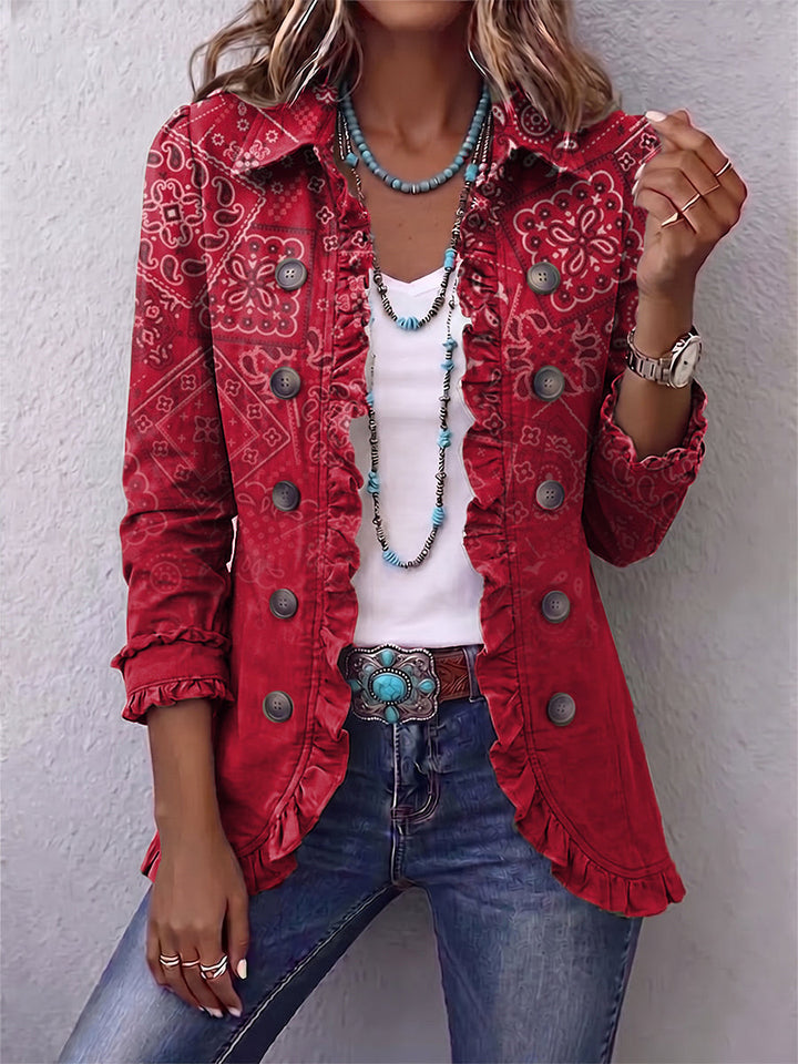 Bennett and Lowe Criselle paisley ombre print ruffled women's jacket with layered design and vibrant colors.