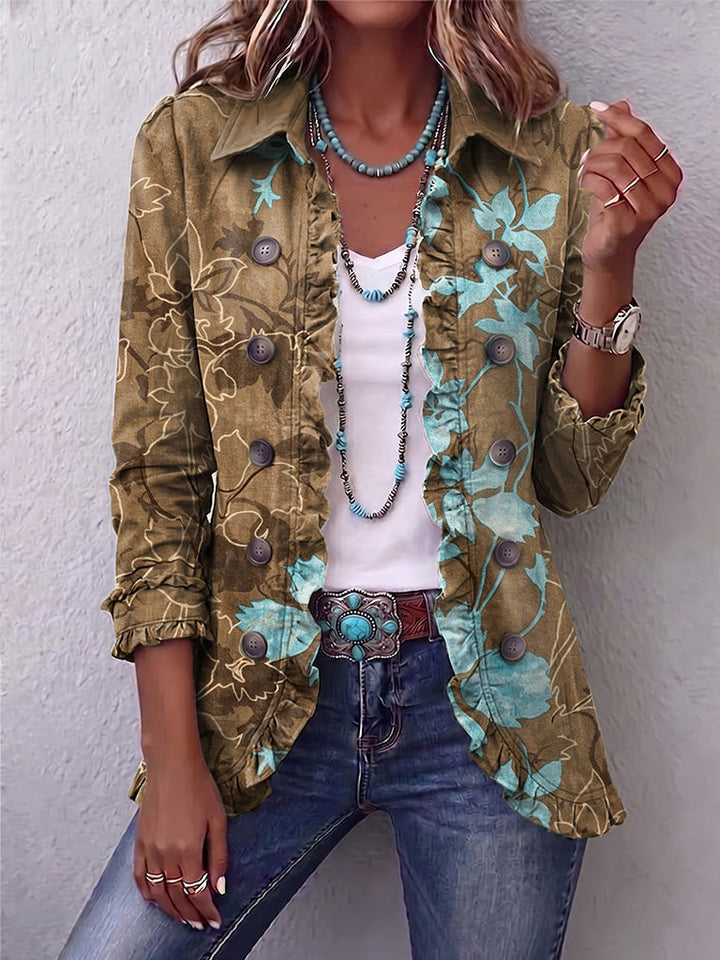 Bennett and Lowe Sundara boho gradient floral ruffle jacket for women, featuring colorful floral patterns and layered ruffle details.