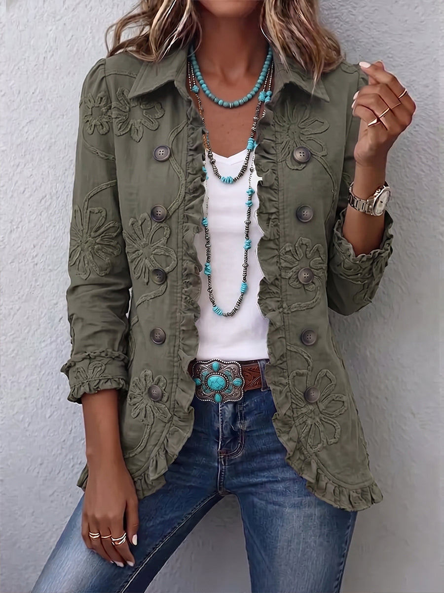 Kamberly floral embroidered ruffle utility jacket for women by Bennett and Lowe, featuring colorful floral embroidery and ruffle details.