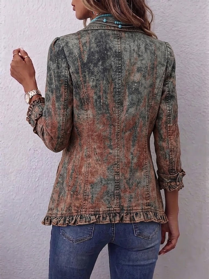 Bennett and Lowe Bristow vintage gradient textured ruffle jacket for women, showing the stylish collar and ruffle details.