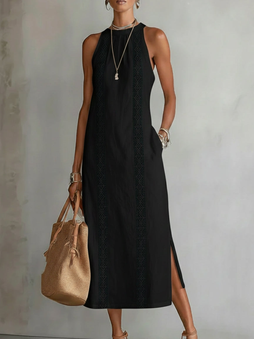 Olivia Newyork Jimena relaxed midi dress with mandarin collar, flowing fabric, and elegant design perfect for casual or semi-formal wear.