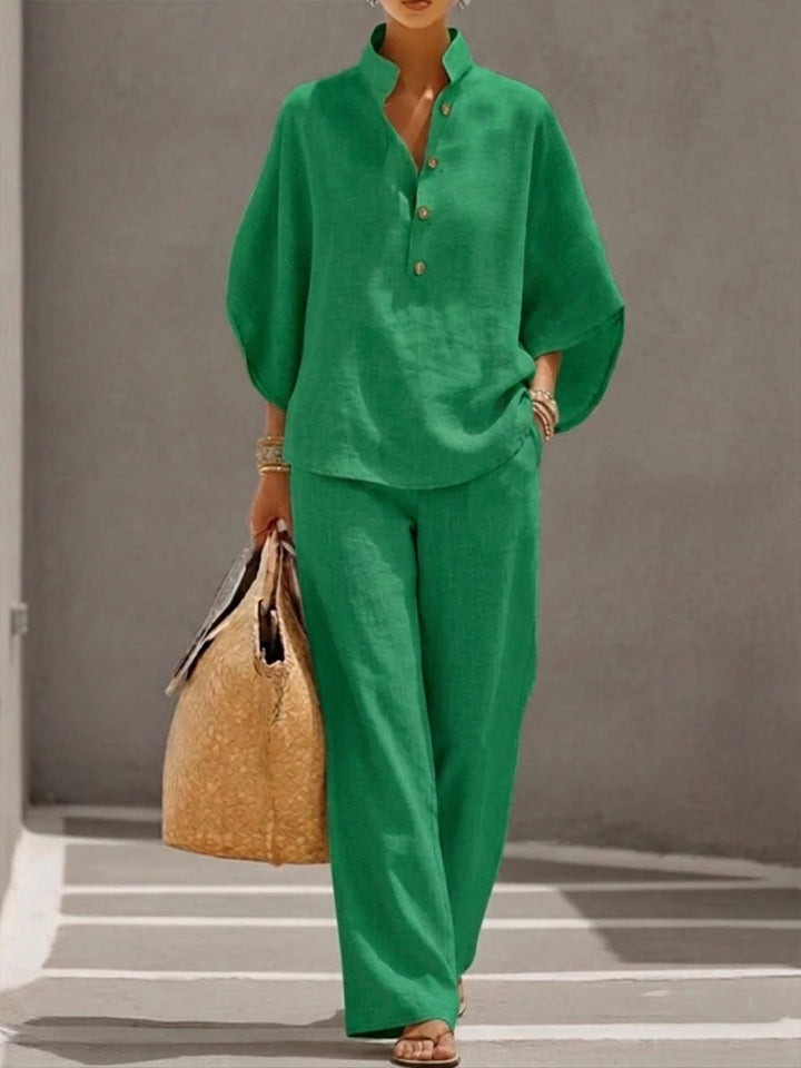 Bennett and Lowe Harper two-piece set with batwing top and wide-leg pants, stylish women's fashion ensemble.