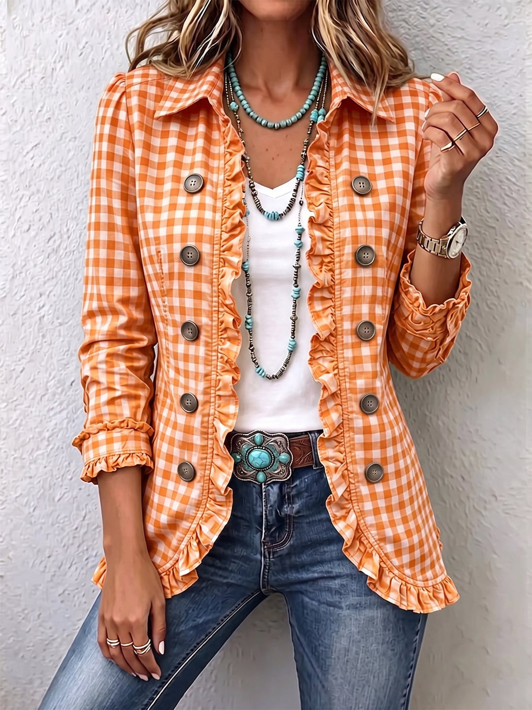 Charlene Gingham Ruffled Button-Down Jacket for Women by Bennett and Lowe, featuring a classic gingham pattern and ruffled details.