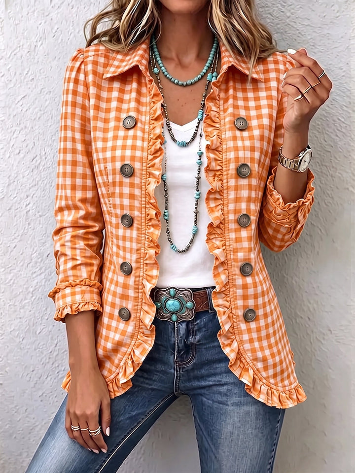 Charlene Gingham Ruffled Button-Down Jacket for Women by Bennett and Lowe, featuring a classic gingham pattern and ruffled details.