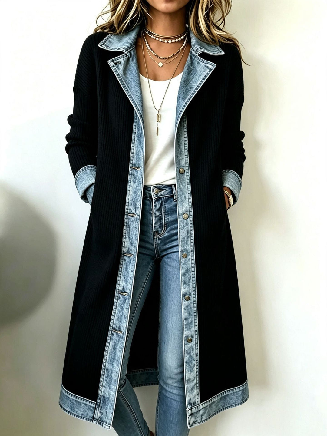 Bennett and Lowe Maeve contrast trim longline cardigan displayed on a hanger, featuring a soft knit fabric and stylish design.