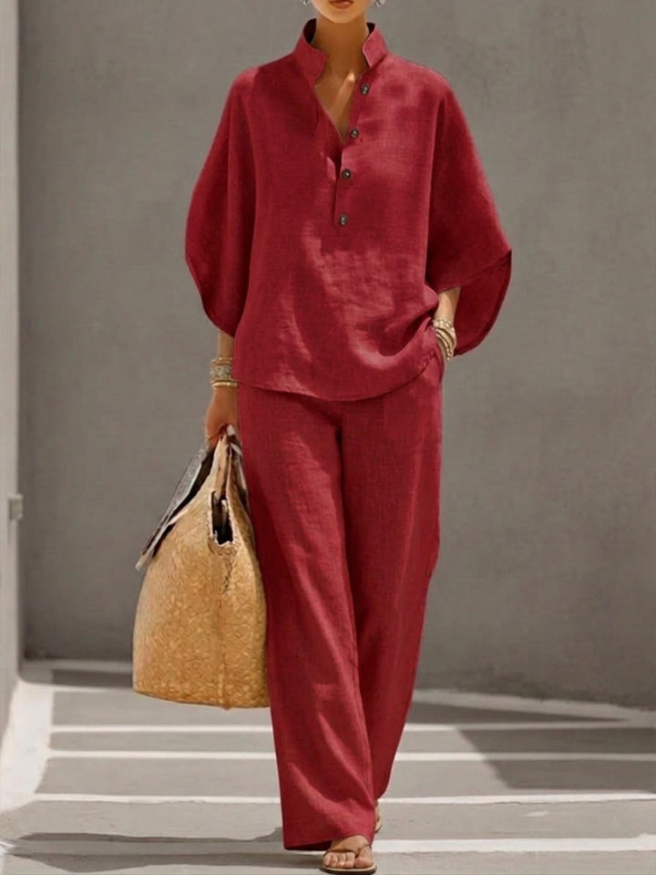 Harper two-piece set for women featuring a batwing top and wide-leg pants by Bennett and Lowe, in a stylish, casual look.