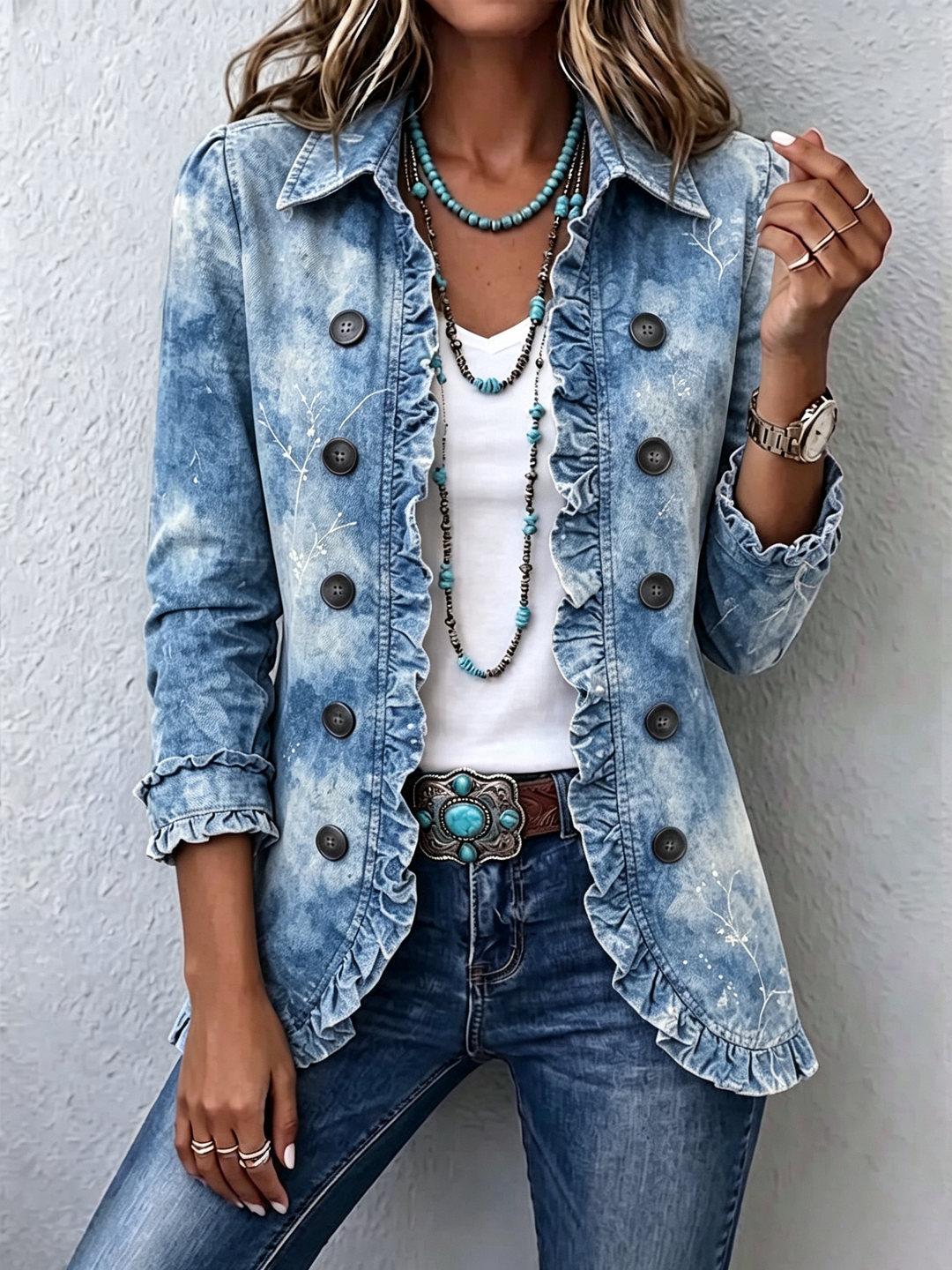 Vintage botanical print ruffle jacket for women by Bennett and Lowe, featuring floral patterns and feminine ruffle details.