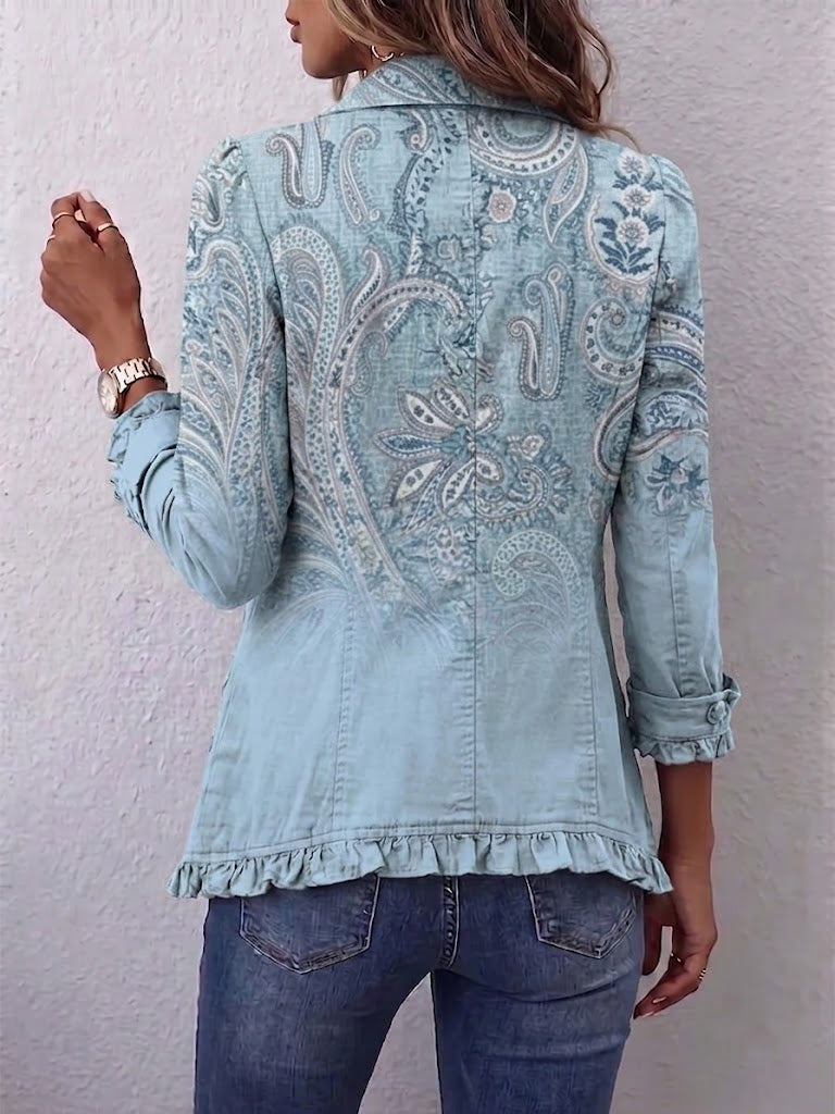 Vintage paisley print ruffled women's jacket by Bennett and Lowe, featuring colorful fabric and stylish ruffle details.