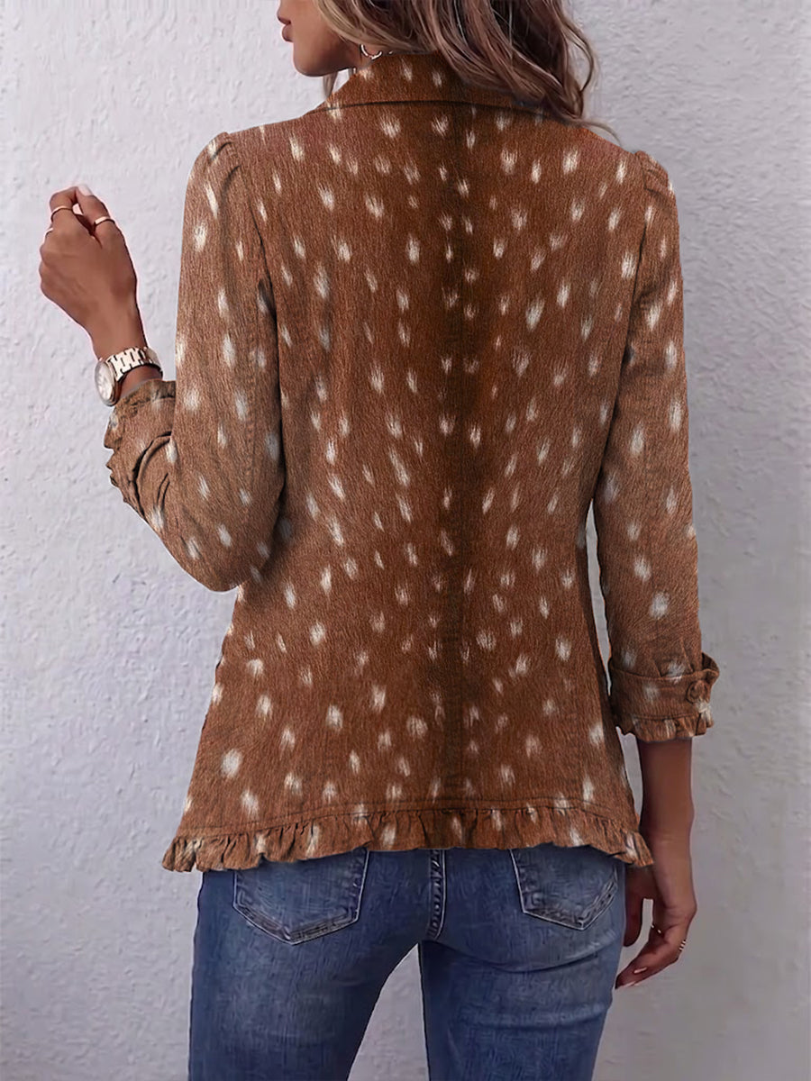 Nolinda bohemian animal-print ruffled women's jacket by Bennett and Lowe, featuring bold pattern and layered ruffle details.