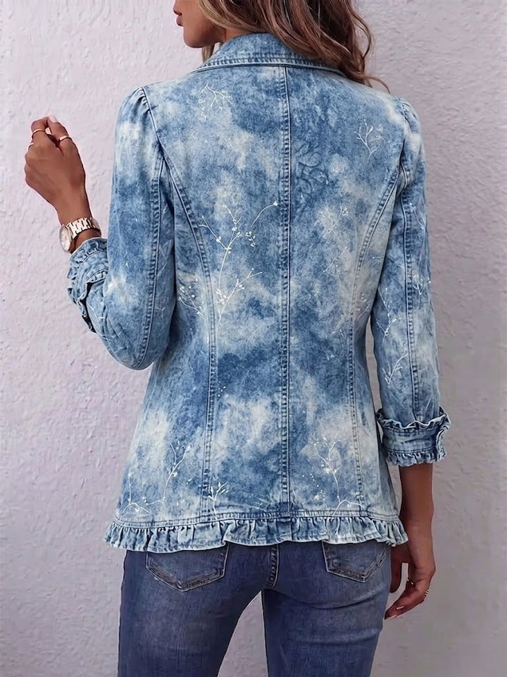 Vintage botanical print ruffle jacket for women by Bennett and Lowe, featuring floral details and elegant ruffle accents.