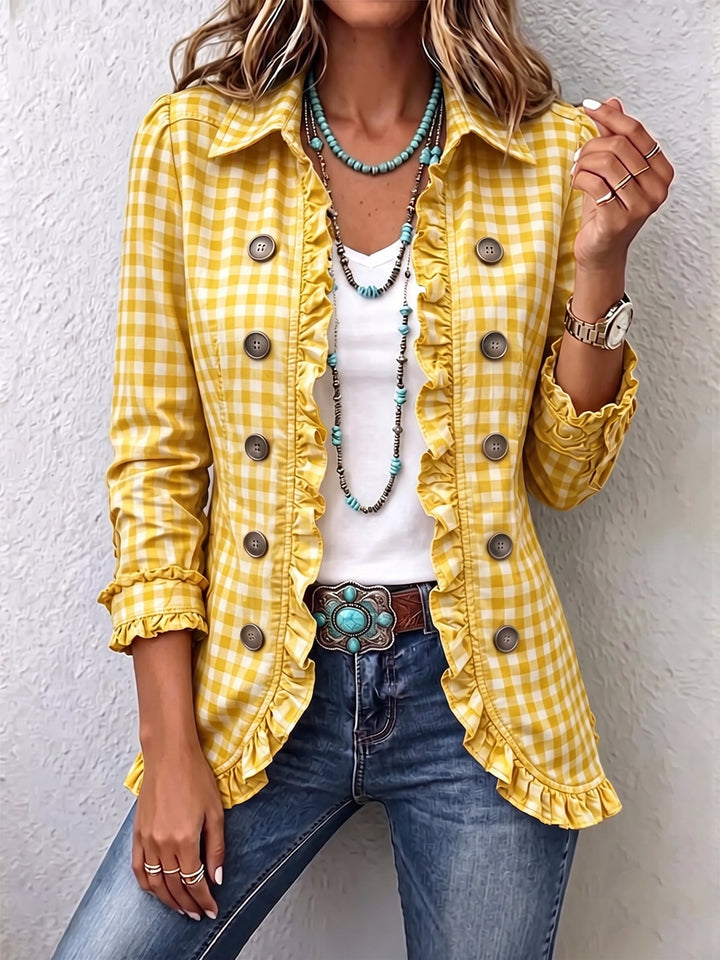Charlene Gingham Ruffled Button-Down Jacket for Women by Bennett and Lowe, featuring a stylish gingham pattern and ruffled details.