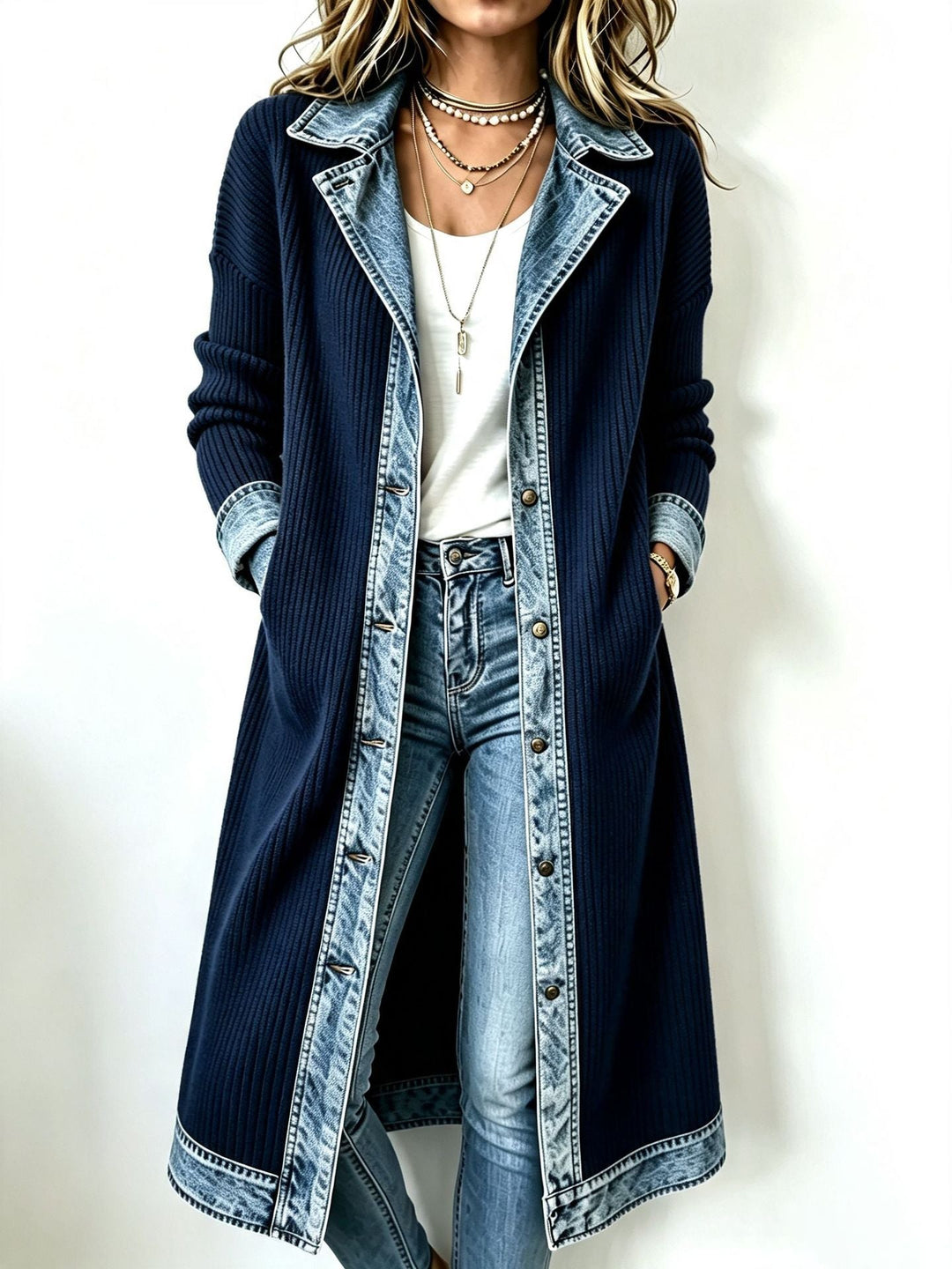 Maeve Bennett and Lowe contrast trim longline cardigan, soft knit fabric with button closure and stylish design, displayed on a hanger.
