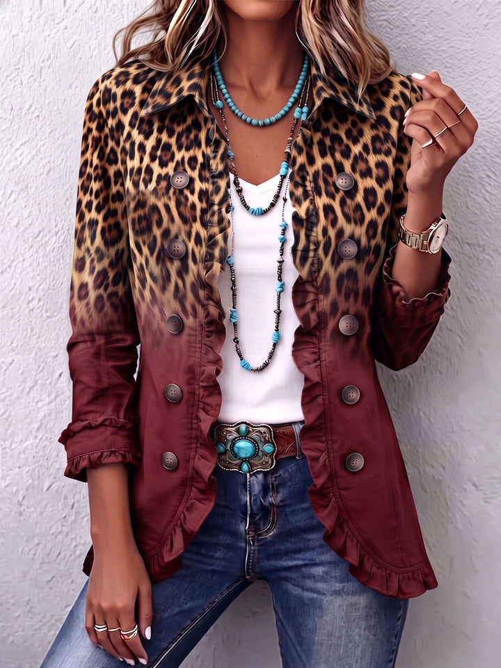 Leopard ombre ruffle blazer jacket for women by Bennett and Lowe, featuring a stylish tailored fit with ruffle details.