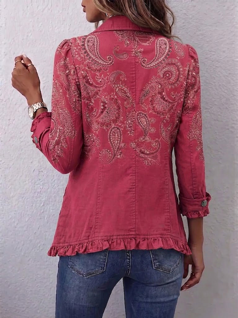 Vintage paisley print ruffled jacket for women by Bennett and Lowe, featuring elegant design and detailed ruffle accents.