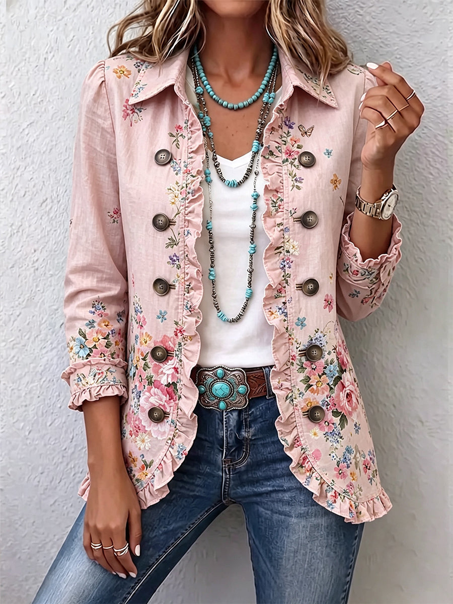 Bennett and Lowe Bettany floral ruffle button-front jacket for women, featuring a colorful floral pattern and ruffle details.