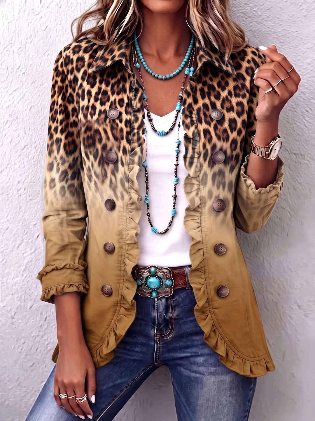 Leopard ombre ruffle blazer jacket for women by Bennett and Lowe, featuring stylish ruffles and a bold animal print design.