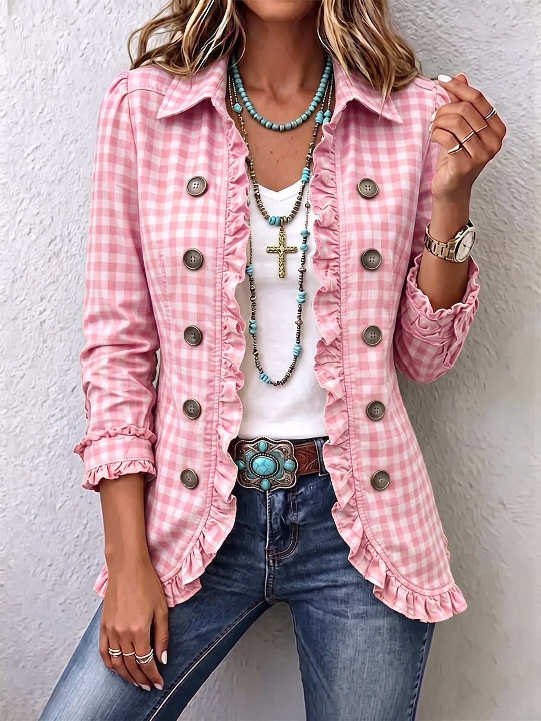 Charlene gingham ruffled button-down women's jacket by Bennett and Lowe, featuring a classic checkered pattern and ruffled collar.