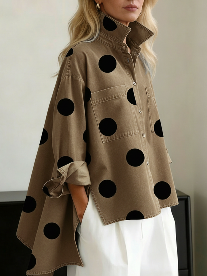 Polka dot overshirt for women by Bennett and Lowe featuring a stylish design and button details, shown in the image.
