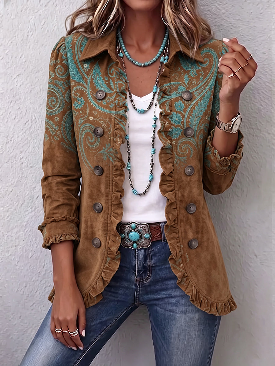 Goldenridge paisley print ruffle jacket for women by Bennett and Lowe, shown with ruffled collar and flowing fabric.