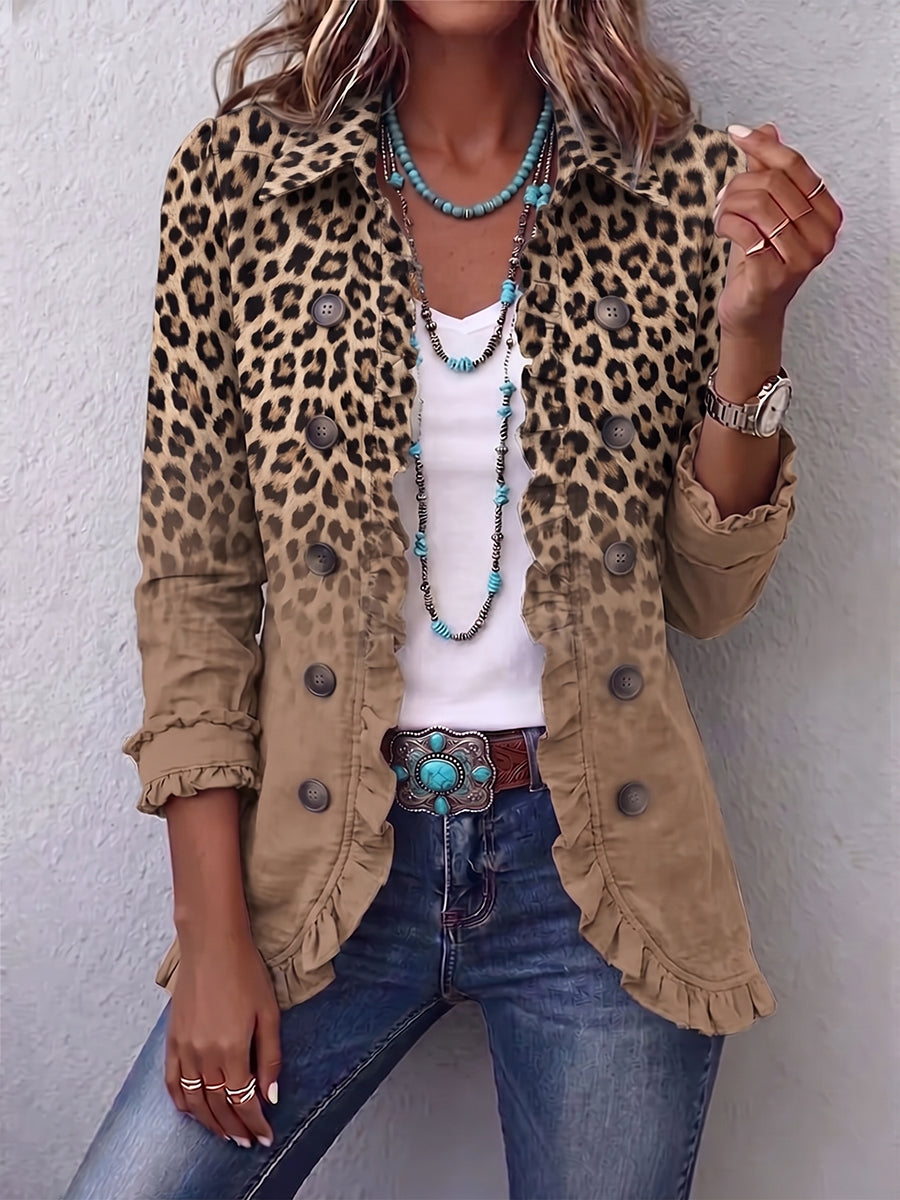 Vintage leopard gradient ruffle jacket for women by Bennett and Lowe, featuring tawny tones and stylish ruffle details.