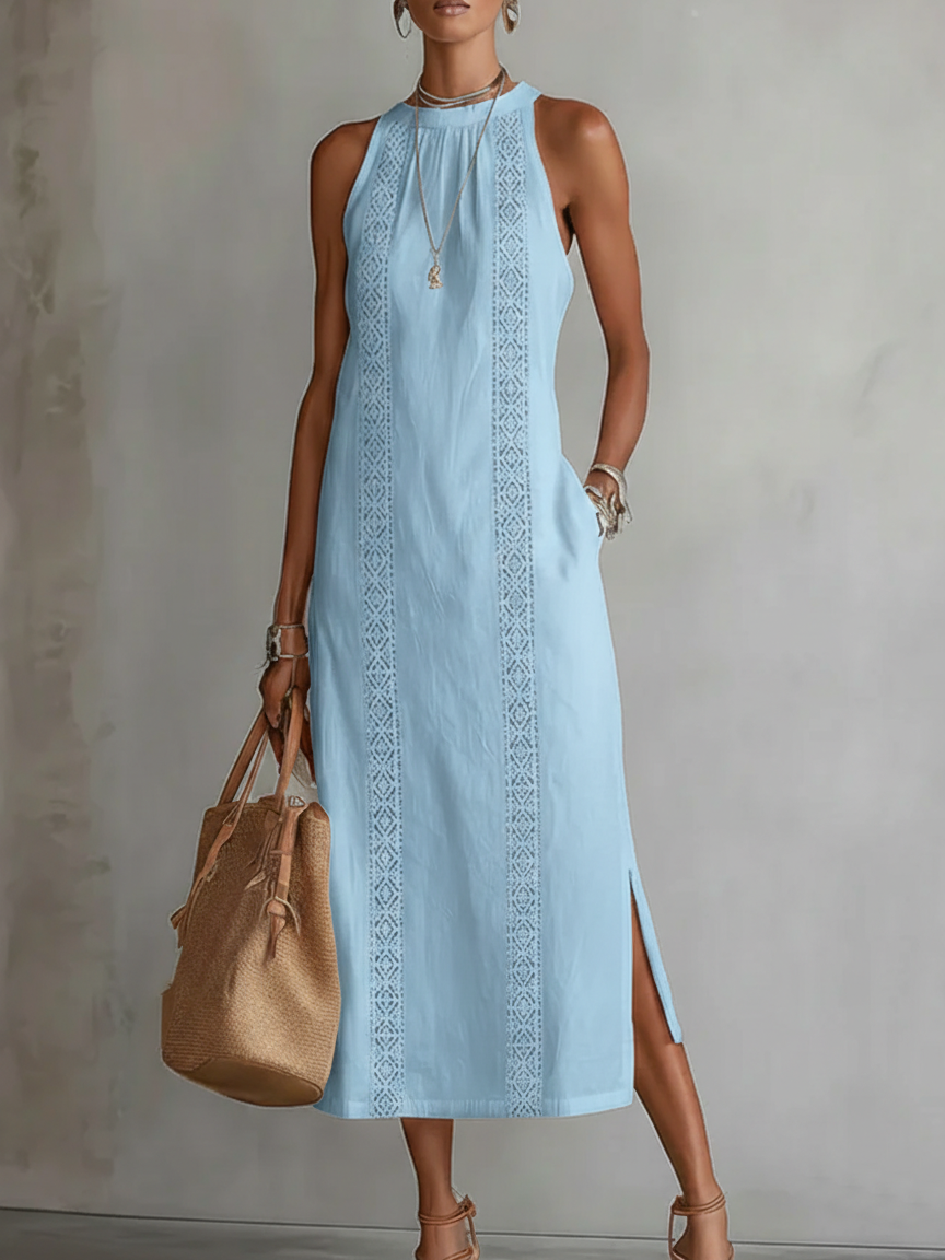 Olivia Newyork Country Muse Jimena relaxed midi dress with mandarin collar, lightweight fabric, and casual fit, shown on a model.