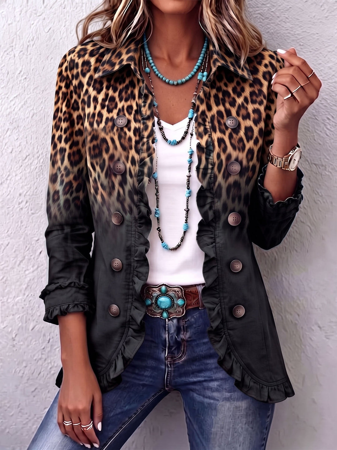 Leopard ombre ruffle blazer jacket for women by Bennett and Lowe, featuring stylish ruffles and a bold animal print design.