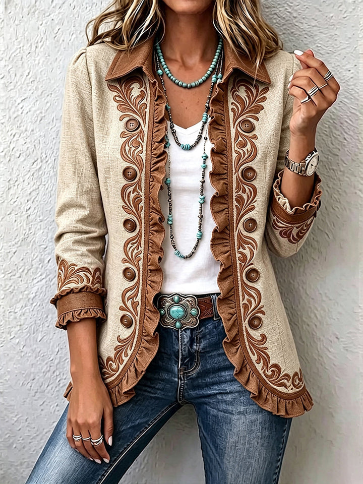 Vintage bohemian floral ruffled jacket for women by Bennett and Lowe, featuring colorful floral patterns and ruffle details.