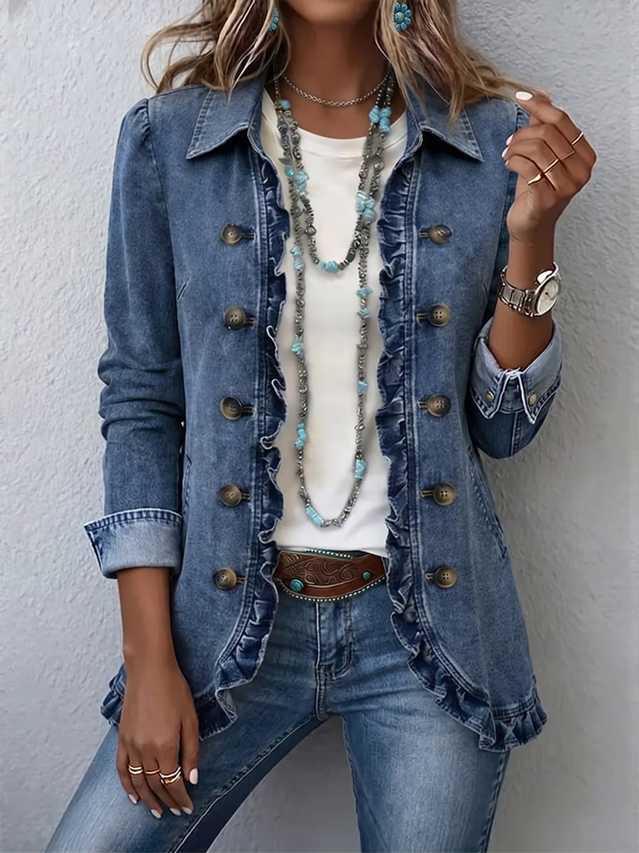 Bennett and Lowe Ruffelle boho ruffled women's jacket featuring layered ruffles and a relaxed, stylish fit.