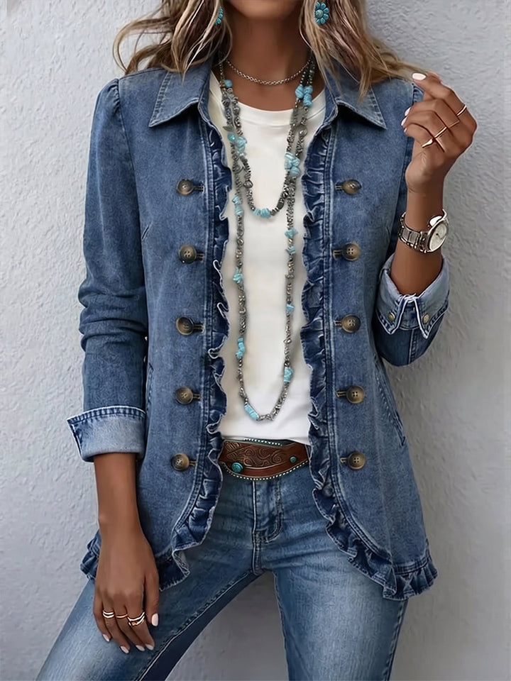 Bennett and Lowe Ruffelle boho ruffled women's jacket featuring layered ruffles and a relaxed, stylish fit.