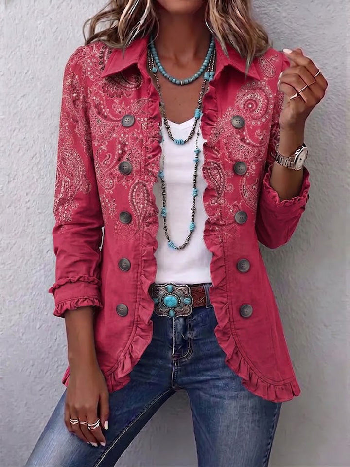 Vintage paisley print ruffled jacket for women by Bennett and Lowe, featuring stylish design and intricate pattern details.