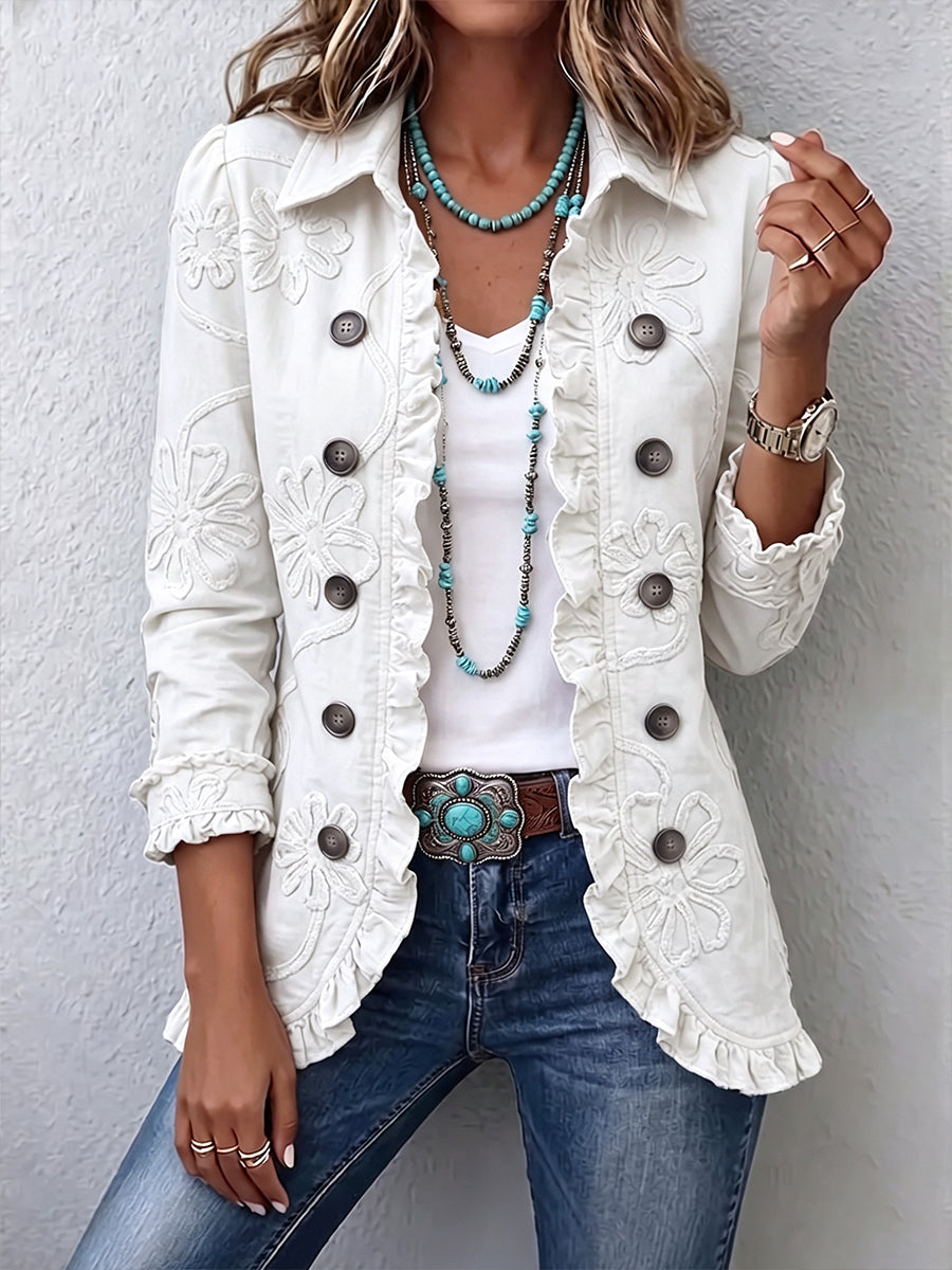 Floral embroidered utility ruffled jacket for women by Bennett and Lowe, featuring colorful floral embroidery and ruffled details.