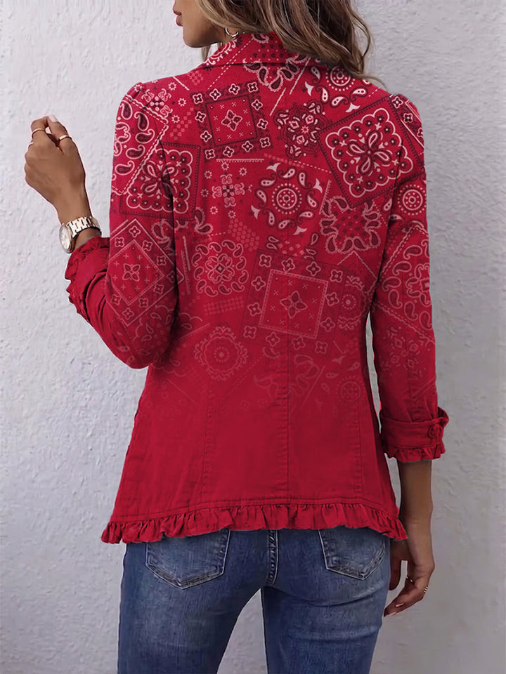 Criselle Paisley Ombre Print Ruffled Jacket for Women by Bennett and Lowe, showcasing the colorful, flowing fabric and ruffled design.