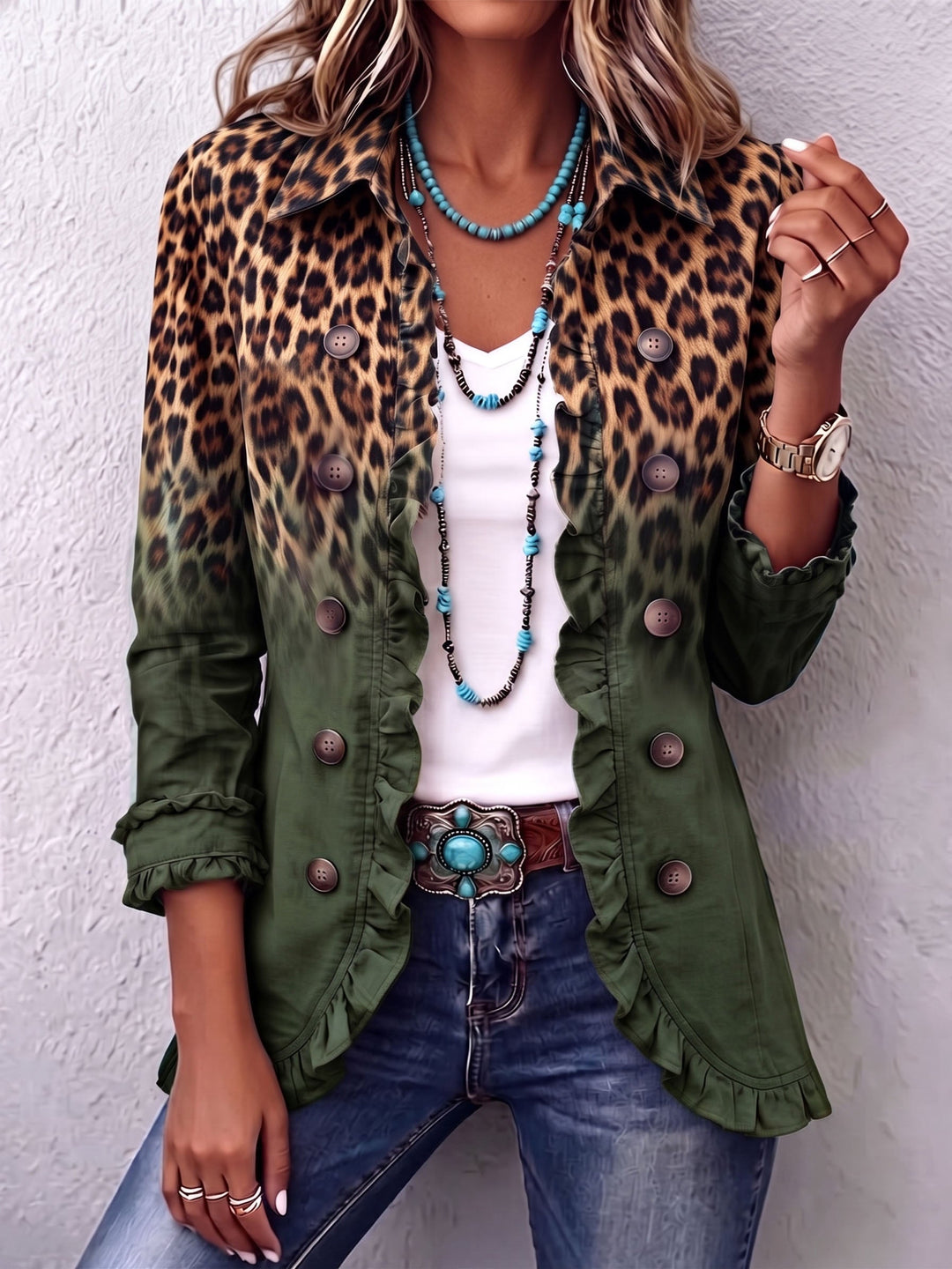 Leopard ombre ruffle blazer jacket for women by Bennett and Lowe, featuring a stylish design and ruffled details.