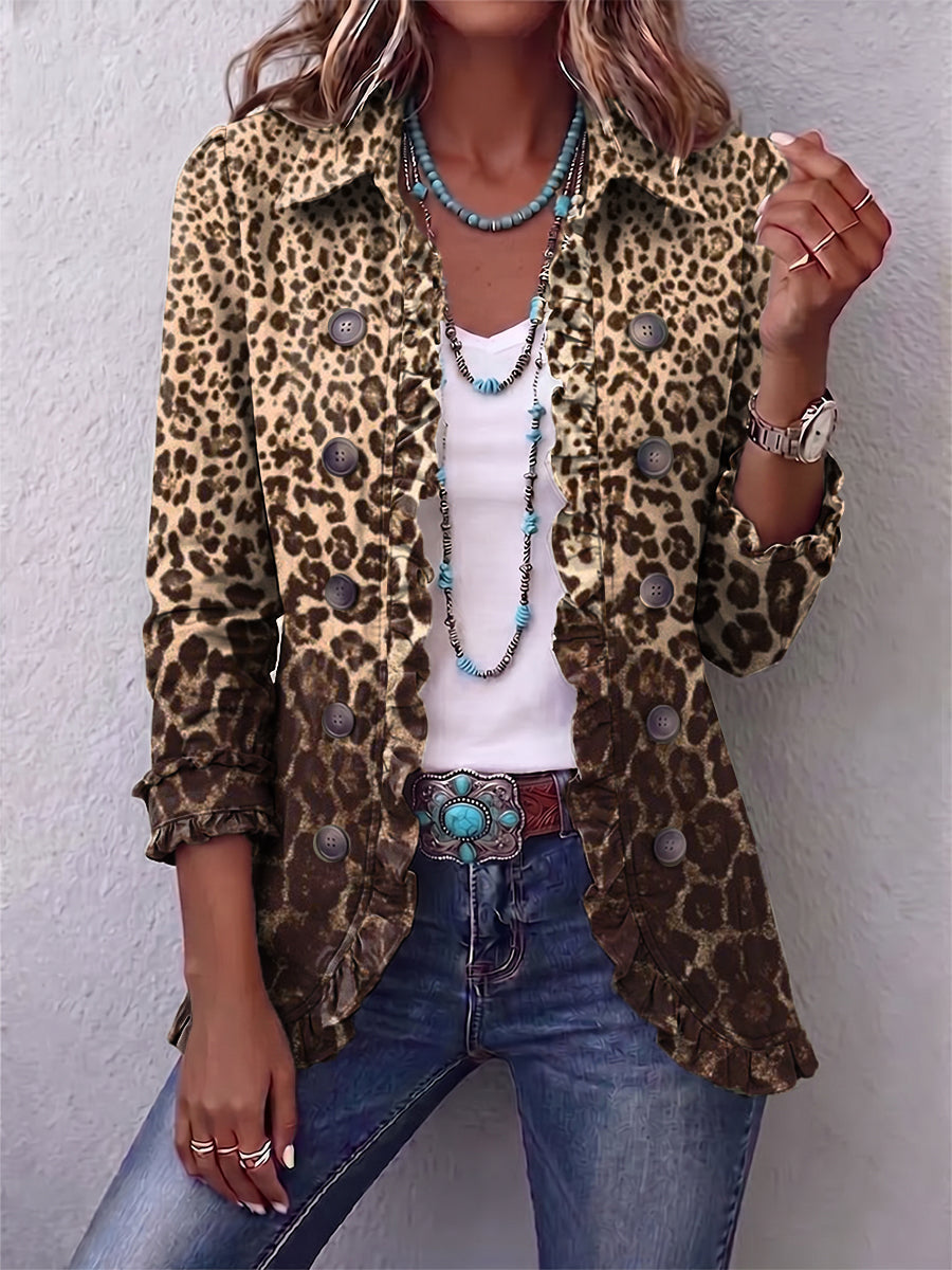 Leopard print ruffled jacket for women by Bennett and Lowe, featuring a stylish design and lightweight fabric.