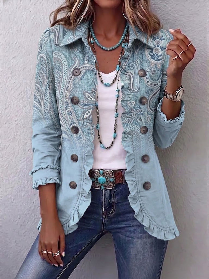 Vintage paisley print ruffled jacket for women by Bennett and Lowe, featuring a stylish design and textured fabric.