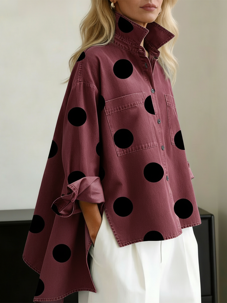 Peggy polka dot overshirt for women by Bennett and Lowe, featuring a classic polka dot pattern and lightweight fabric.