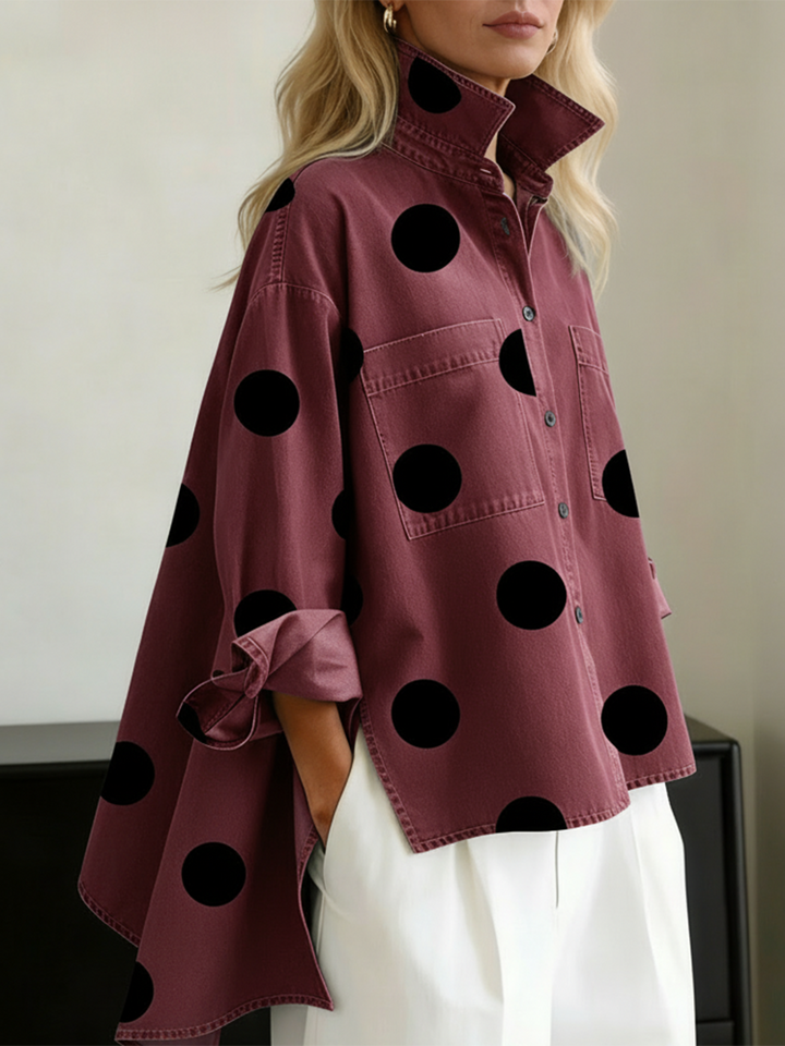 Peggy polka dot overshirt for women by Bennett and Lowe, featuring a classic polka dot pattern and lightweight fabric.