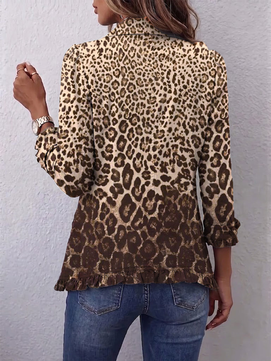Leopard print ruffled women's jacket by Bennett and Lowe, stylish and lightweight with a feminine ruffle design.