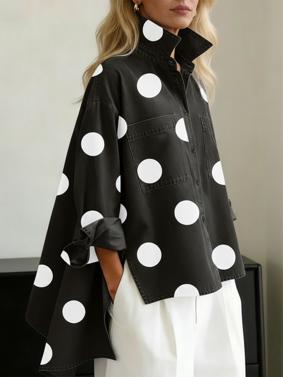 Bennett and Lowe Peggy polka dot overshirt for women, featuring a classic black and white polka dot pattern and long sleeves.