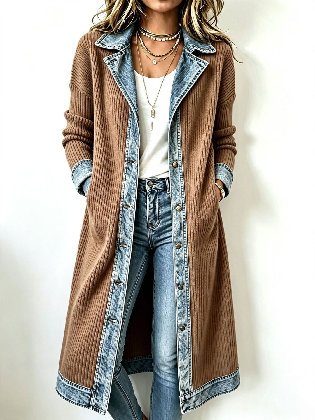 Bennett and Lowe Maeve contrast trim longline cardigan draped over a white background, featuring a relaxed fit and stylish color accents.