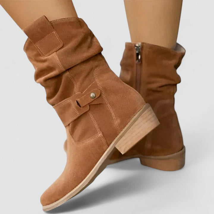 Nadine women's orthopedic Western boots by Bennett and Lowe featuring brown leather, decorative stitching, and sturdy heel.