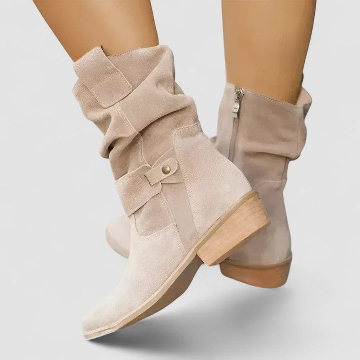 Nadine orthopedic Western boots for women by Bennett and Lowe, featuring brown leather with decorative stitching and sturdy heels.