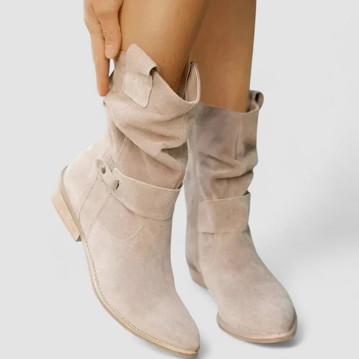 Nadine orthopedic Western boots for women by Bennett and Lowe, featuring brown leather with traditional Western stitching and sturdy heel.