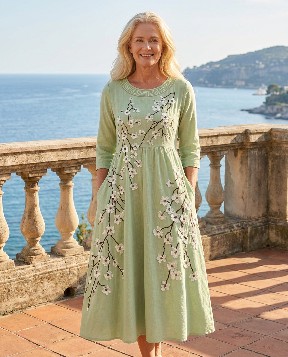 Sage Blossom Garden Pocket Midi Dress for Women by Bennett and Lowe, featuring floral print and comfortable fit.