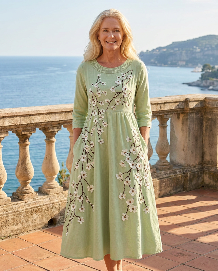 Sage Blossom Garden Pocket Midi Dress for Women by Bennett and Lowe, featuring floral print and comfortable fit.