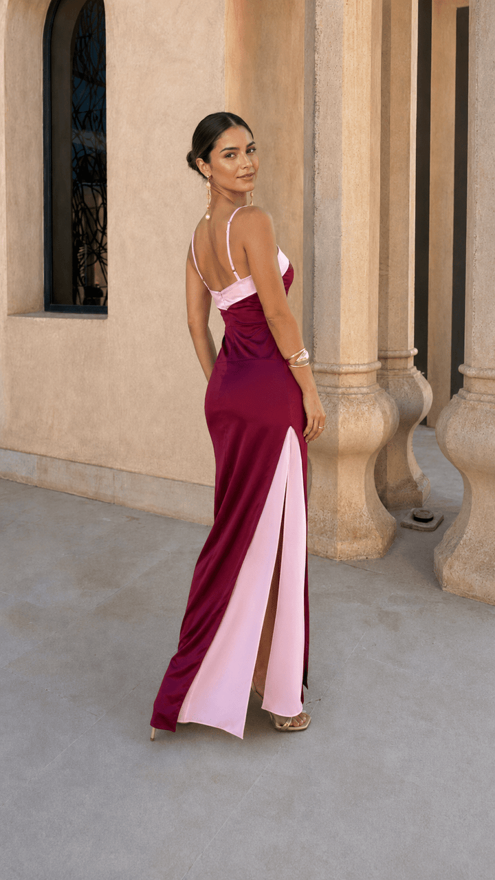 Elegant satin maxi dress with crossover neckline for women, imported by Bennett and Lowe, featuring a smooth, flowing design.