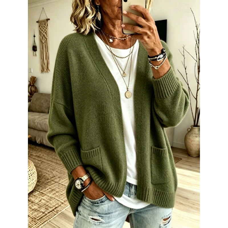 Bennett & Lowe Juliet relaxed open-front cardigan in soft knit fabric, shown draped on a hanger with a casual fit.