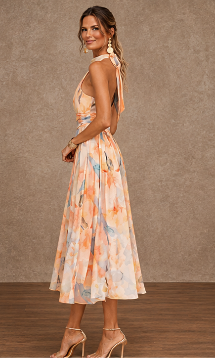 Side view of Bennett and Lowe Lily halter maxi dress with watercolor print, flowing sleeveless design perfect for summer wear.