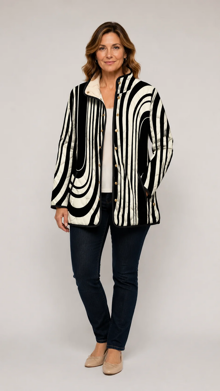 Evangeline geometric-print quilted jacket by Bennett and Lowe, featuring a stylish pattern and padded design for warmth.