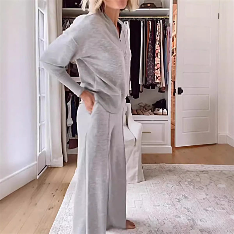 Amy Bennett and Lowe relaxed two-piece pants set featuring comfortable, casual fit in soft fabric, shown on a mannequin.